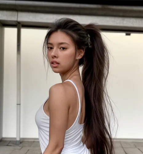 dreamy expression, natural proportions, long shoulderlong hair, stylish loose ponytail, natural lips, pale lips, dainty delicate graceful tender, medium small buxom, 
professional shorts sports clothi