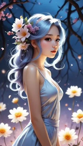 a beautiful young lady in blue dress next to some flowers,flower fairy,girl in flowers,blue moon rose,faerie,flower background,fairie