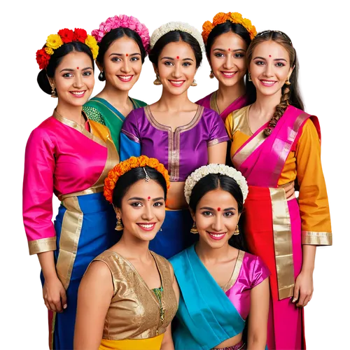 Women's Day celebration, group of diverse women, smiling faces, colorful traditional clothing, flowers in hair, Indian bindi, African headwraps, Latin American fans, European elegant dresses, Asian ch