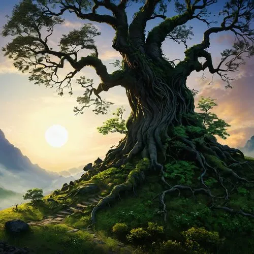 cartoon video game background,celtic tree,oak tree,fantasy landscape,yggdrasil,tree of life,tuatha,fablehaven,fantasy picture,magic tree,dragon tree,world digital painting,lonetree,landscape background,flourishing tree,druidism,lone tree,asheron,mirkwood,mononoke,Conceptual Art,Fantasy,Fantasy 08