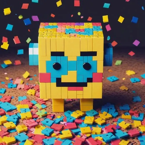 Sponge, smiling face, bright blue eyes, yellow skin, porous body, cartoon style, sitting, leaning forward, thinking pose, puzzle background, colorful confetti, scribbled notes, pencils scattered aroun