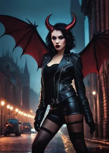 Female demon, dark fantasy, horns, red skin, sharp teeth, bat wings, black hair, long eyelashes, seductive eyes, bold eyebrows, crimson lips, black leather jacket, ripped fishnet stockings, high heels