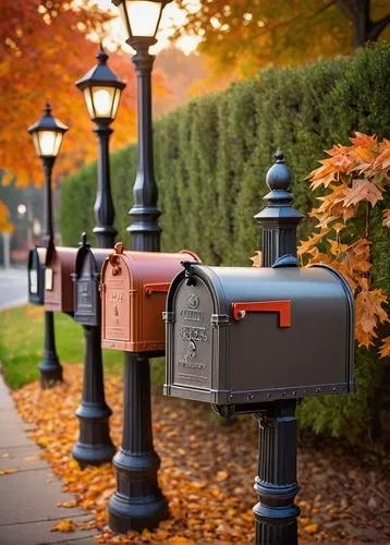 Rustic wooden mailboxes, antique metal mailboxes, ornate Victorian-era mailboxes, modern sleek mailboxes, suburban residential area, rural countryside, urban city street, lamp post, stone wall, brick 