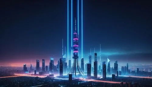 Futuristic 5G cell tower, sleek metallic structure, modern minimalist design, tall slender shape, surrounded by urban cityscape, skyscrapers in background, blue neon lights illuminating at night, fogg