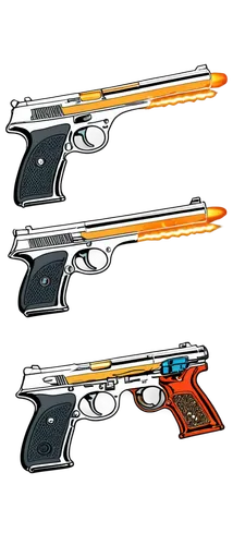 Cartoon handgun, colorful, shiny metal, detailed mechanisms, smoke effect, bullet shell ejection, dynamic pose, action lines, vibrant colors, exaggerated expression, comedic composition, soft lighting