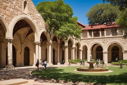 Texas State University, Spanish-style architecture, grand entrance, arched windows, red-tiled roofs, intricately carved stone facades, sprawling green lawns, mature trees providing shade, students wal