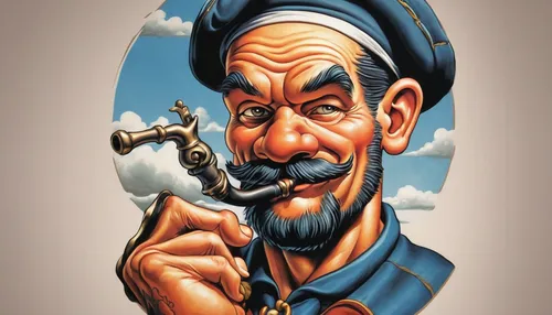 Design a Popeye tattoo with a touch of nostalgia, showcasing his iconic pipe and anchor tattoos.,popeye,geppetto,caricaturist,pipe smoking,uncle sam,smoking pipe,pinocchio,smoke art,caricature,scandia