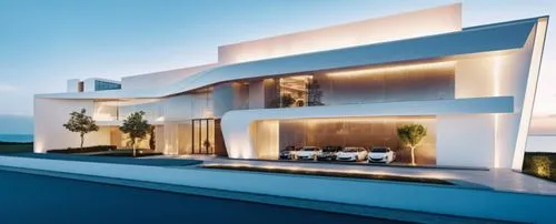 PORCH CAR AGENCY WITH ORGANIC AND MODERN SHAPES. KEEP THE CURVED AND STRAIGHT LINES OF THE FACADE. GLASS WINDOW ON THE GROUND FLOOR ON THE RIGHT SIDE WHERE THE ELEGANT AND LUXURIOUS CARS ARE SEEN. ON 