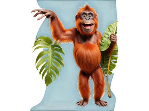 Orangutan, cartoon style, solo, standing, orange fur, long arms, big eyes, smiling face, banana in hand, holding, relaxed posture, tropical leaves background, vibrant colors, 3/4 composition, soft lig