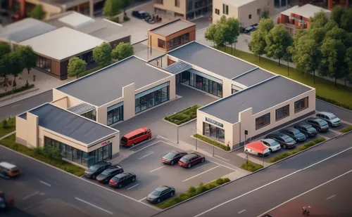 automobile repair shop,industrial building,auto repair shop,bus garage,residential area,car dealership,isometric,townhouses,mixed-use,apartment complex,3d rendering,office buildings,apartment buildings,fire and ambulance services academy,transport hub,parking place,apartment building,car dealer,minimarket,car showroom,Photography,General,Cinematic