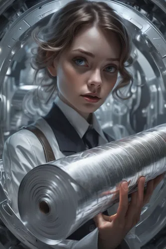 In a futuristic world, a detective uncovers a conspiracy involving a mysterious roll of aluminum foil.,sci fiction illustration,girl with a wheel,girl with gun,mechanical,aluminum,steel,cog,socket wre