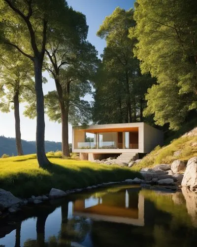 The interior of a minimalist cottage is adorned with sleek steel sheet panels, evoking a minimalist vibe. The cabin is decorated with a panoramic window towards a crystal-clear river, which seems to g