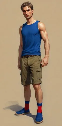 Depiction of male character about 'prepare for the fighting' - handsome, good body proportions

Hair : brown haired - D.A. hair
Clothes : Cobalt-blue sleeveless top, khaki medium short trousers, red e