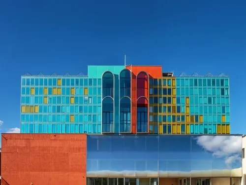 several colorful building are reflected in the windows,colorful facade,bicocca,mvrdv,abertay,umist,rmit,Photography,General,Realistic