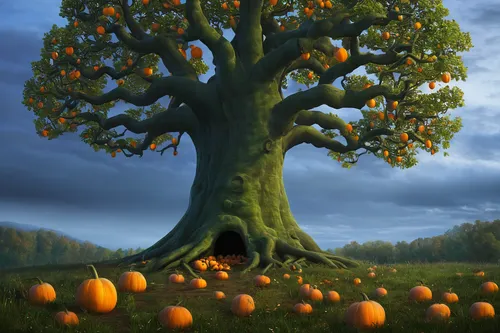 persimmon tree,tangerine tree,orange tree,halloween bare trees,pumpkin autumn,halloween background,seasonal tree,conker tree,autumn tree,celtic tree,halloween travel trailer,calabaza,fruit tree,oak tree,magic tree,halloween scene,osage orange,apple tree,family tree,halloween poster,Illustration,Realistic Fantasy,Realistic Fantasy 26