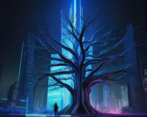 cybercity,cybertown,magic tree,cyberia,sci fiction illustration,cyberworld,futuristic landscape,tree of life,isolated tree,cyberpunk,cyberport,electric tower,sentinel,strange tree,mysterium,supertall,sky tree,arbor,tree,ent,Art,Artistic Painting,Artistic Painting 05