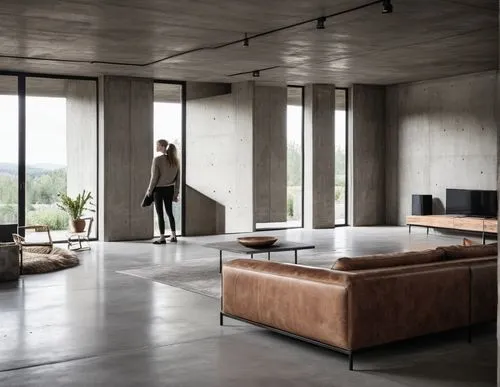 interior , sofa ,  living room ,minimal concrete ,the woman is standing in front of the tv,minotti,natuzzi,cassina,scavolini,interior modern design,associati,Photography,General,Realistic