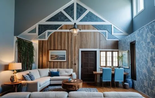 the room features wood paneling and blue wall paper,inverted cottage,wooden beams,patterned wood decoration,contemporary decor,log cabin,chalet,Photography,General,Cinematic