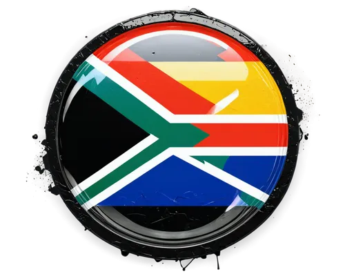 South Africa national flag, colorful, yellow, blue, red, white, black, circular shape, centered, bold font, 3D effect, metallic texture, shiny surface, low-angle shot, dramatic lighting, close-up comp