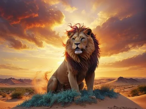 Create an impressive beige and brown sandstorm building up a most awe-inspiring, very detailed, majestic lion's face with intriguing eyes over a rough dessert landscape with scattered bushes. The lion