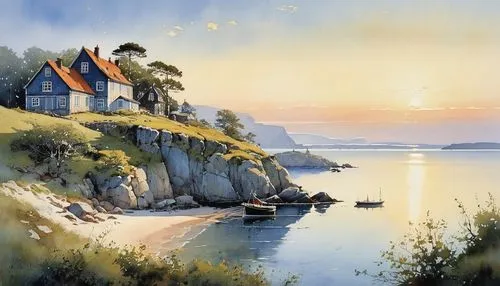 monhegan,summer cottage,coastal landscape,cottage,salminen,norway coast,coville,siggeir,knud,andreassen,residensea,oslofjord,watercolor,fisherman's house,gantner,house by the water,sea landscape,puttnam,kattegat,hildebrandt,Conceptual Art,Sci-Fi,Sci-Fi 19