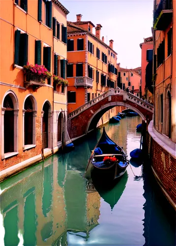 Canal, Venetian architecture, calm water, ornate bridges, historic buildings, balconies with flowers, stone pavement, gondola, sunny afternoon, soft lighting, panoramic view, high dynamic range, detai