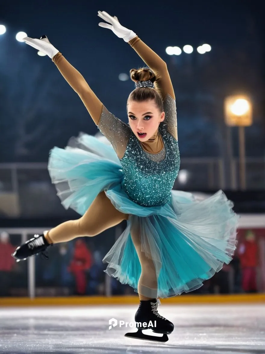 Figureskating, Reddit, winter sports, ice rink, stadium lights, cold weather, frosty air, dynamic pose, twirling skirt, sparkly costume, glittery makeup, ponytail hair, athletic body, leggings, skates