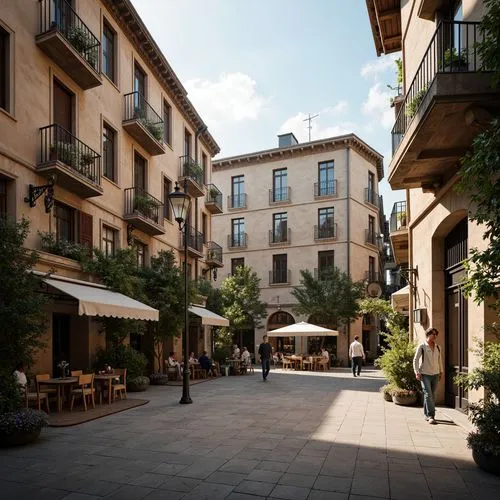 Rustic market square, vintage street lamps, ornate ironwork, distressed stone walls, curved balconies, wooden shutters, flower-filled window boxes, soft warm lighting, shallow depth of field, 3/4 comp