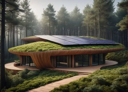 house in the forest,earthship,greenhut,electrohome,forest house,cubic house,solar cell base,ecovillages,grass roof,solar photovoltaic,solar panels,environmentally sustainable,timber house,futuristic architecture,treehouses,solar energy,tree house,smart house,roof landscape,cube house,Photography,Fashion Photography,Fashion Photography 14