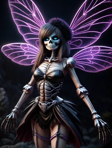 Skeleton painted face pretty girl fairy monster fancy hd detail, hd 3d, hd graphics, hd quality  comic static storm, fancy. Neon light,evil fairy,dark angel,angel of death,faerie,cupido (butterfly),ha