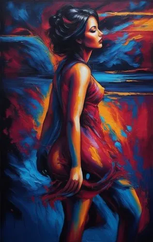 Passion Sexy Painting ,Naked Woman  Abstract Body Art Oil Painting,the painting shows a beautiful woman in a red dress and a blue sky,flamenca,adnate,flamenco,oil painting on canvas,bodypainting,welin