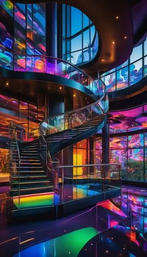 futuristic art museum,colorful glass,nightclub,ufo interior,cruise ship,colorful light,oasis of seas,sea fantasy,colored lights,aquariums,movie theater,colorful spiral,aquarium decor,aquarium lighting,revolving,colorful tree of life,hotel w barcelona,luxury hotel,plexiglass,aquarium,Illustration,Japanese style,Japanese Style 05