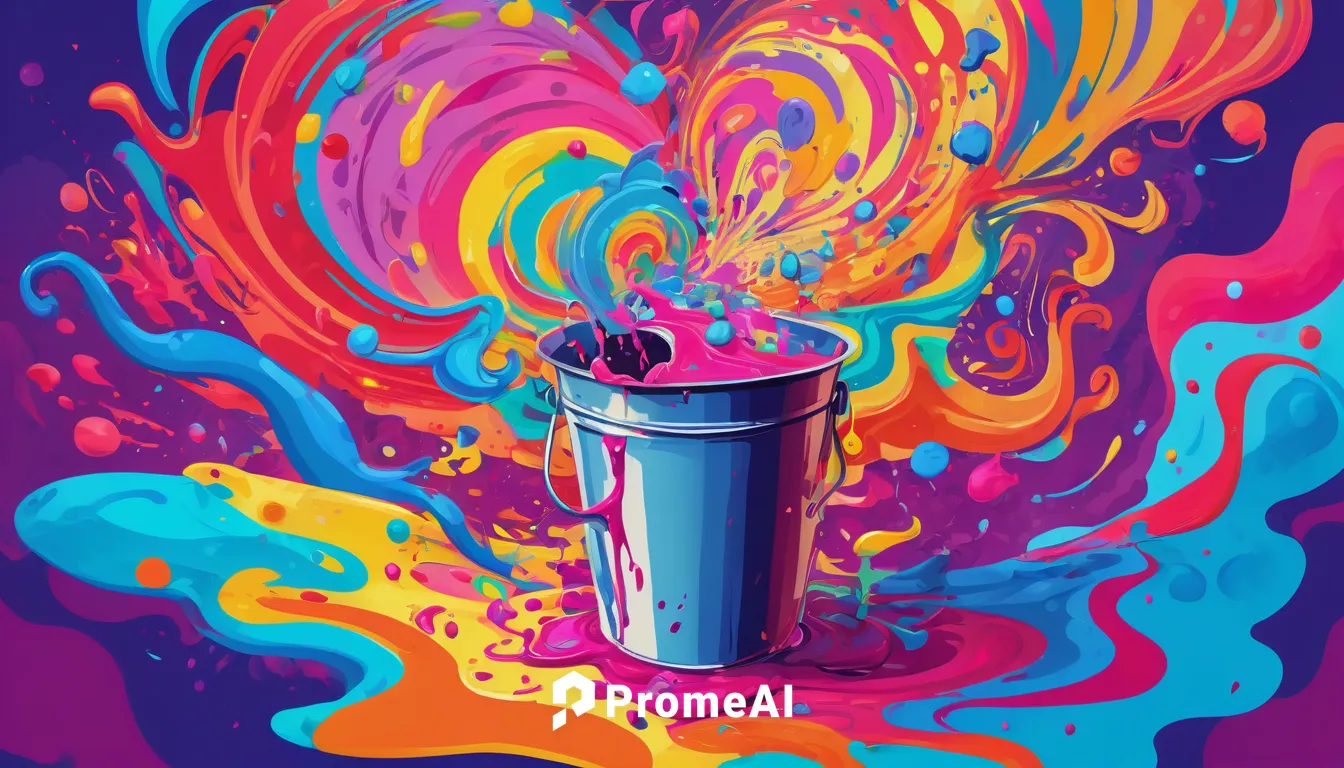 Describe a funny scenario where a clumsy character accidentally spills a bucket of paint on themselves.,spray can,canister,candy cauldron,colorful doodle,spray,paint cans,cylinder,crayon background,tr