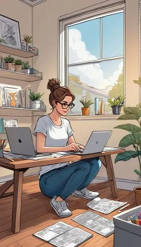 girl studying,work at home,work from home,home office,working space,study room,telecommuter,telecommute,girl at the computer,secretarial,telework,teleworking,modern office,office worker,in a working environment,workspace,telecommuting,work space,freelancer,workspaces,Illustration,American Style,American Style 13