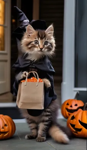 Halloween Fofo, andando por uma floresta asustadora 
,a cat dressed in a witches outfit holding a bag,halloween cat,trick or treat,cat crawling out of purse,halloween scene,hallloween,happy halloween