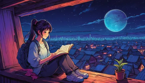 reading,relaxing reading,little girl reading,girl studying,night scene,moonlit night,read a book,stargazing,novels,novel,writing-book,tsukemono,rem in arabian nights,bookworm,moonrise,sci fiction illustration,the night sky,kitsune,romantic night,lantern,Illustration,Japanese style,Japanese Style 05