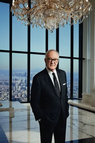 Gene Hackman, mature man, 60s, rugged facial features, gray hair, glasses, formal wear, black suit, white shirt, tie, standing, hands behind back, confident posture, luxury modern interior, high ceili