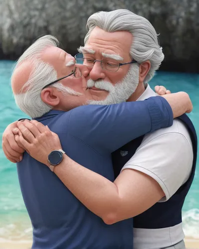 Capture a tender moment in a fanart where Steven and his dad, Greg, share a heartwarming hug.,embrace,old couple,grandpa,retirement,hug,gay love,popeye village,santa claus at beach,forbidden love,hugs