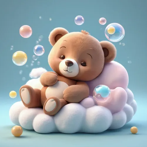 3D brown baby bear sleeping on a white cloud, soap bubbles background, pastel colors,3d teddy,cute bear,teddy-bear,teddy bear waiting,teddy bear,teddybear,bear teddy,small bubbles,cuddling bear,baby f