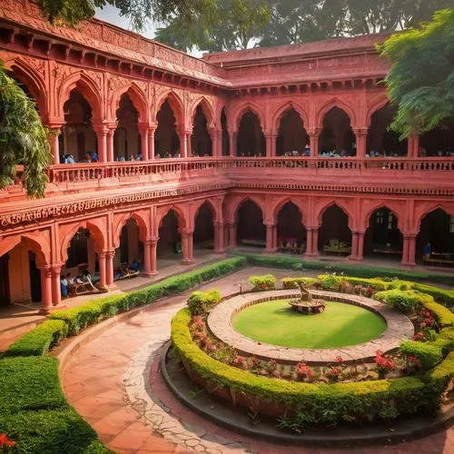 College of Architecture and Design, Pune, Indian architecture style building, intricate carvings, red stone walls, large courtyard, sprawling greenery, vibrant flower beds, students walking with lapto