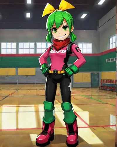 an anime character standing in an empty gym,yuuka,momoka,sonika,koigi,irabu,kuribayashi,Unique,Pixel,Pixel 05