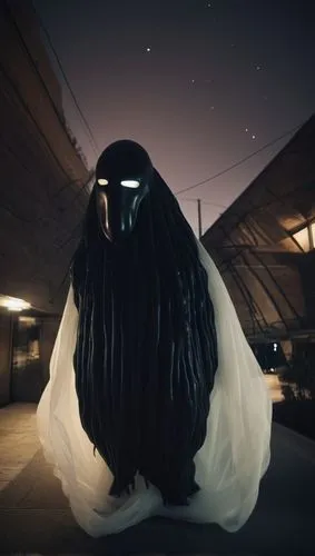 A giant, black, jelly-like monster with white mask,wraith,faceless,burqa,3d crow,sadu,penumbra,anonymous mask,veil,dead bride,night image,raven rook,cloak,the angel with the veronica veil,night bird,t