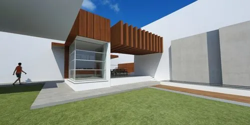 AREA DE CONVIVENCIA, CON PERGOLAS DE CONCRETO, LOSA CON REMATE DE VIGA DE ACERO, ESPEJO DE AGUA ,a modern home with a wood and glass wall,modern house,cubic house,3d rendering,sketchup,modern architec