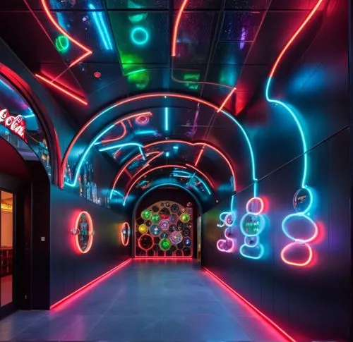 Interior with a barrel vault ceiling. It has neon lights of different colors which follow circuits across the walls and ceiling. The neon lights create cocacola bottles in the walls. At the end there 