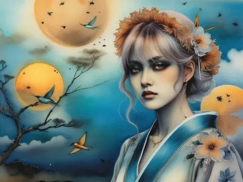 a beautiful woman with birds on her head next to trees and an image of moon,oiran,behenna,japanese art,hoshihananomia,fantasy picture,angel lanterns,Illustration,Japanese style,Japanese Style 18