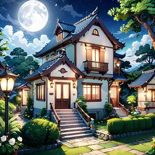 studio ghibli,asian architecture,houses clipart,japanese architecture,beautiful home,wooden house,traditional house,home landscape,witch's house,moonlit night,ancient house,wooden houses,victorian house,ginkaku-ji,hanok,little house,house painting,roof landscape,tsukemono,house in the forest,Anime,Anime,Traditional