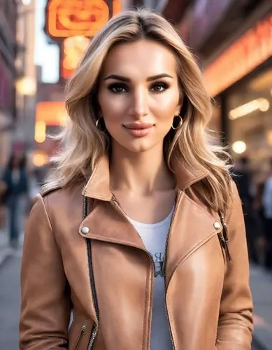 professional woman headshot，professional headshots, muscular,a woman is shown wearing a tan leather jacket,leather jacket,anastasiadis,karlie,giada,giuliana,giadalla,Photography,Cinematic