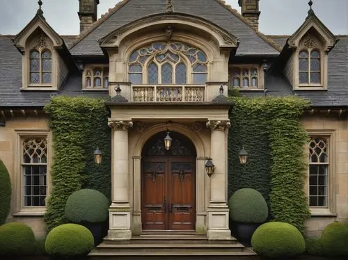 Neo-Georgian architecture, grand symmetrical facade, ornate stone carvings, intricately designed columns, arched windows, dormer windows, mansard roof, slate tiles, Gothic Revival influences, majestic