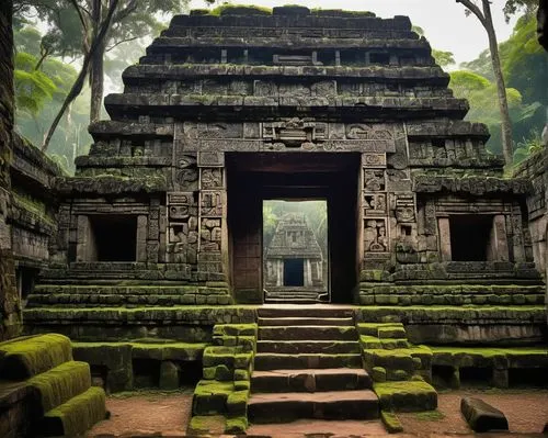 Ancient Mesoamerican temple, Mayan ruins, jungle surroundings, vines crawling up stone walls, intricate carvings depicting Mayan gods, stepped pyramids, ornate facades, ceremonial platforms, sacrifici