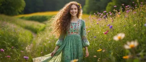 wilkenfeld,girl in flowers,girl in a long dress,green meadow,beautiful girl with flowers,meadow,girl in the garden,celtic woman,tuatha,summer meadow,countrywoman,meadow rues,meadow flowers,meadow and forest,wild meadow,country dress,meadow play,dandelion meadow,faery,kirtle,Illustration,Retro,Retro 23